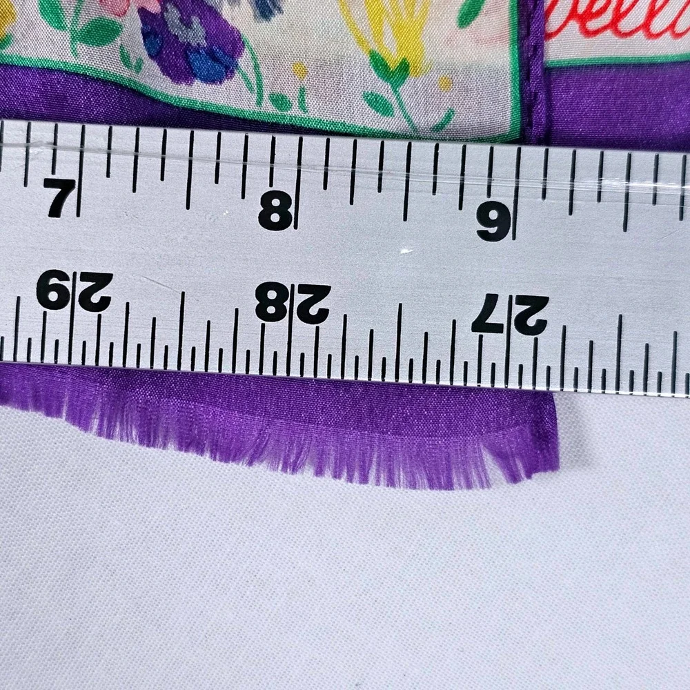 Revelli Floral Scarf Purple Border Eyelash Fringe Silk Feel Cream Multi Color